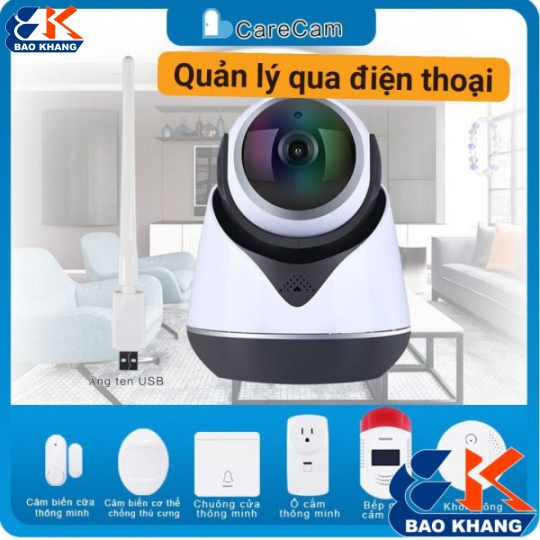 CAMERA IP WIFI 2,0 CARECAM QUẢN LÝ QUA ĐIÊN THOẠI.TÍCH HỢP CHUÔNG CỬA,BÁO CHÁY,BÁO TRỘM,BÁO GAS,Ổ ĐIỆN,HỒNG NGOẠI
